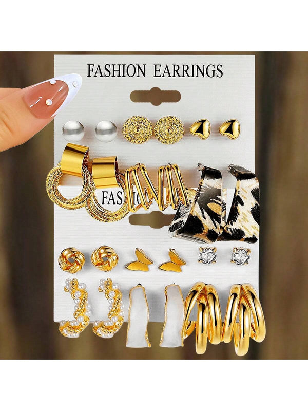 Shein - 12 pairs of new leopard print multi-layer geometric circle butterfly heart earrings retro winding imitation pearl earrings set for women