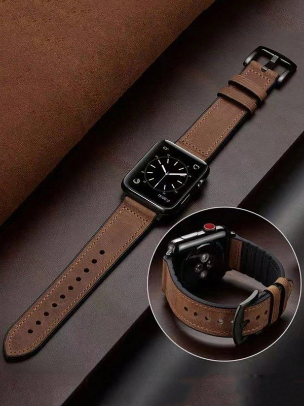 Shein - 1PC Men Women Brown Leather Silicone Strap For Apple Watch Ultra 49mm Band 38mm 40mm 41mm 42mm 44mm 45mm Fashion Sport Smart Watch Replacement Wristband For  Series 9 8 SE 7 6 5 4 3 2 1