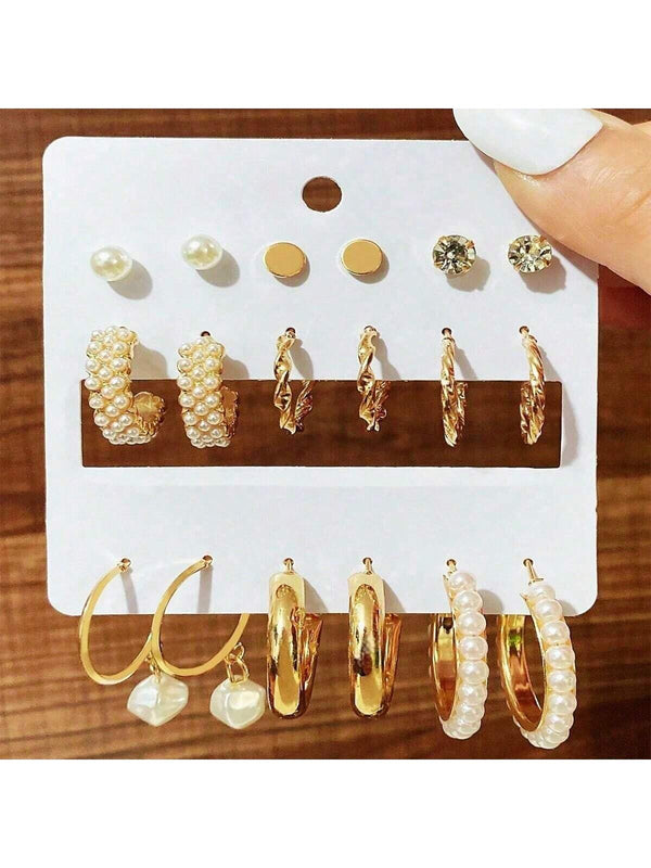 Shein - 9pairs/set European And American Style Pearl Inlaid Earrings Kit