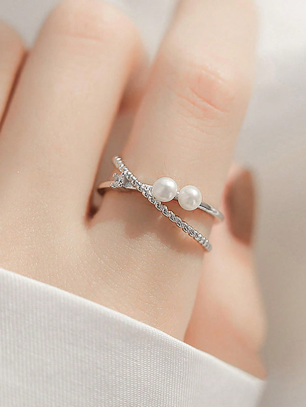 Shein - 1pc S925 Silver Double Layered Intersected Imitation Pearl Ring For Girls' Birthday Gift, Chic & Minimalist Style Open Ring For Index Finger