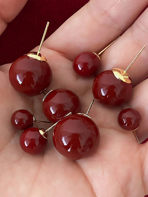 Shein - 1pair Burgundy Jelly Bean Faux Pearl Stud Earrings, Exquisite Resin Faux Pearl Earring With Unique Design