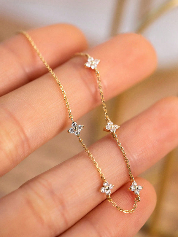 Shein - 1pc S925 Sterling Silver Bracelet - Floral & Rhinestone Design, Simple, Versatile; For Daily Wear, Gift For Best Friend, Girlfriend