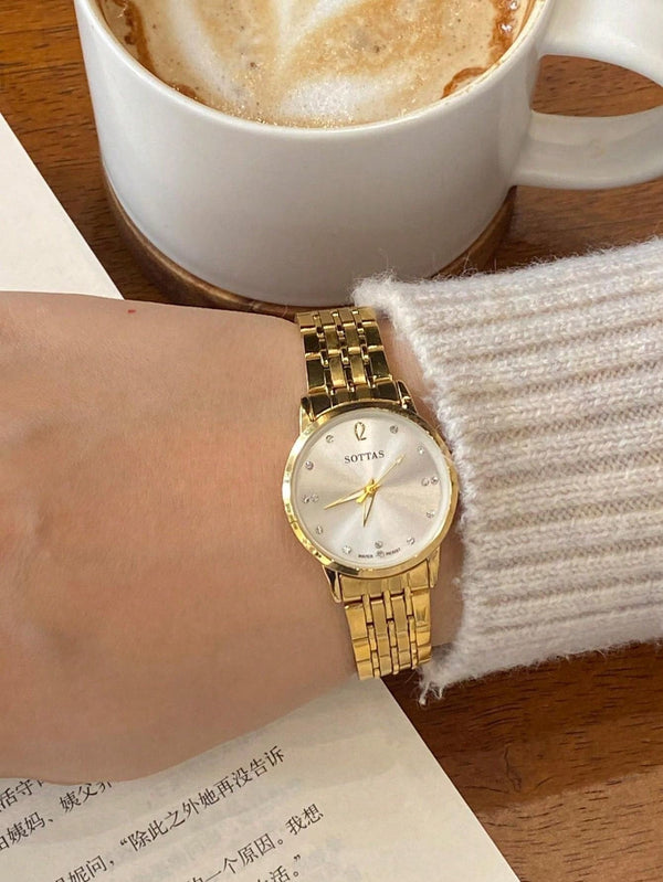 Shein - New Ultra-Thin Gold Color Simple Style Ladies Watch, Korean Version Fashionable Casual Waterproof Quartz Wristwatch With Steel Strap