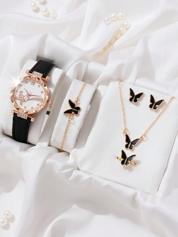 Shein - 6pcs Women's Fashion Quartz Watch With Black Pu Strap And Butterfly Accessory Set