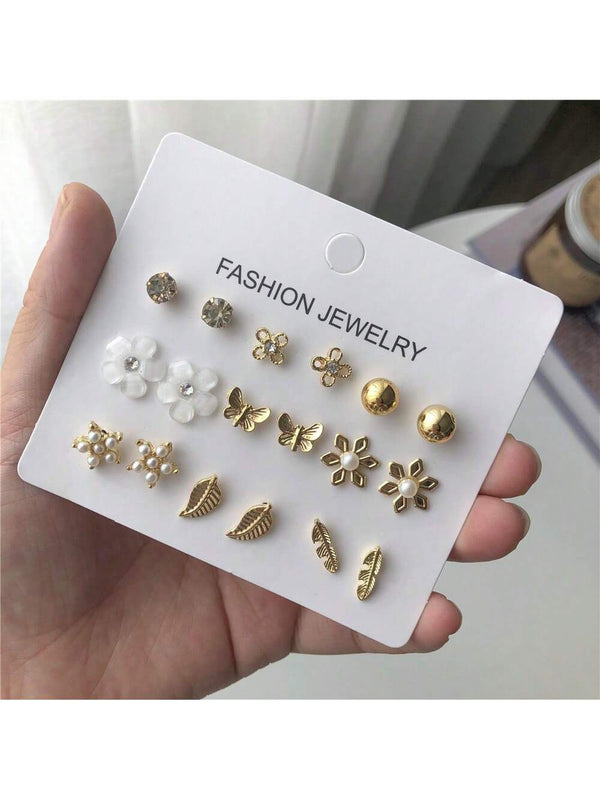 Shein - 9pairs Butterfly & Flower Decor Stud Earrings