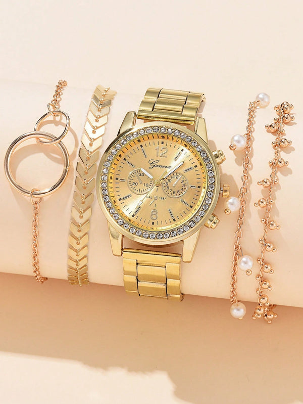 Shein - 1pc Rhinestone Decor Quartz Watch & 4pcs Bracelet