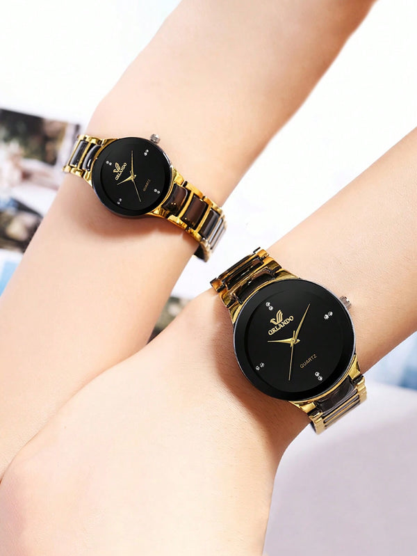 Shein - 2pcs Couple Alloy Quartz Wristwatch Valentine's Day Gift Steel Strap Watch