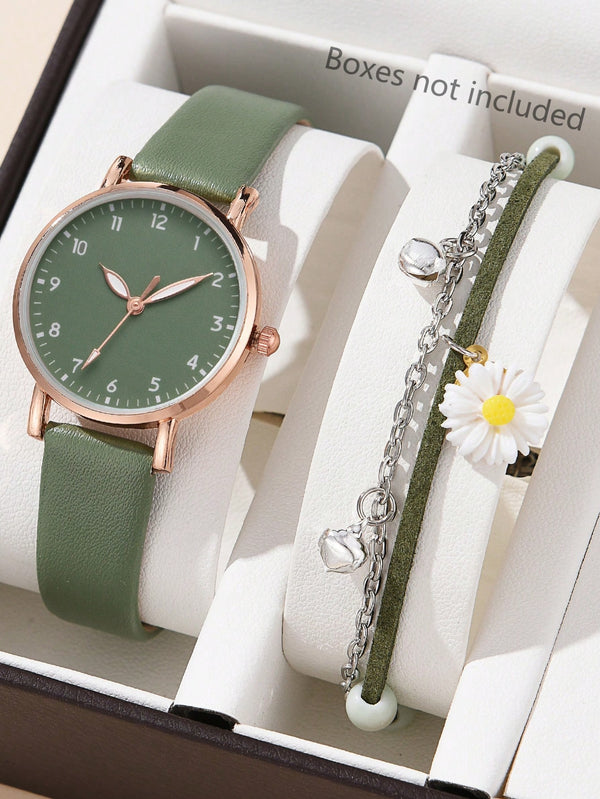 Shein - 1pc Round Pointer Quartz Watch & 1pc Daisy Decor Bracelet