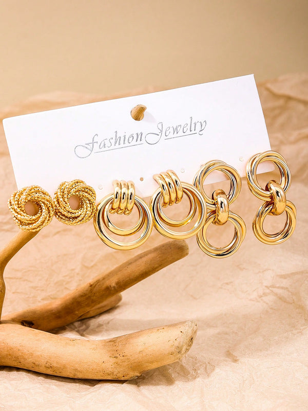 Shein - 1set Simple Vintage & Fashionable Metallic Geometric Pattern Twisted Circle Hoop Earrings