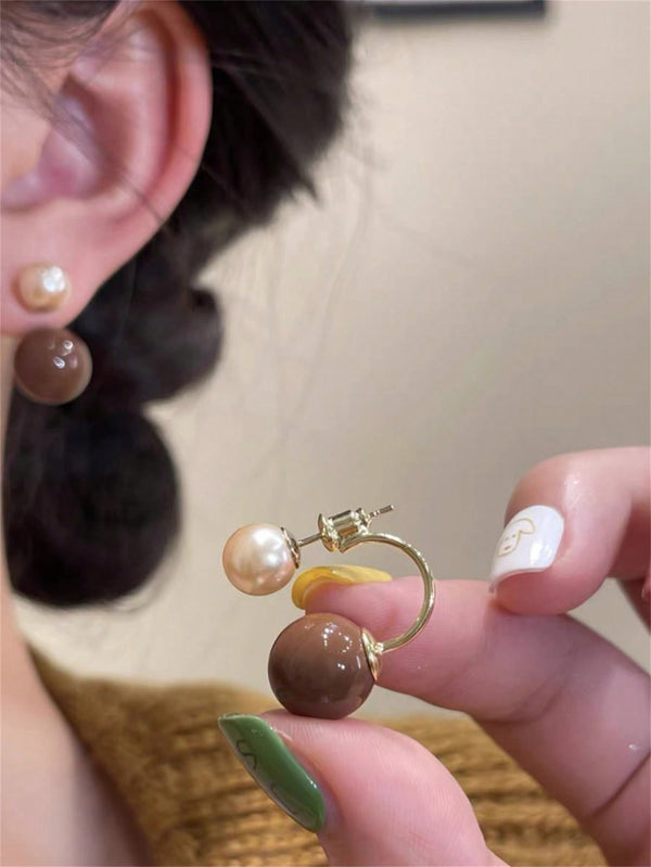 Shein - Vintage Khaki Mille-Feuille Ball Earrings For Women, Autumn/Winter, Niche Design, High-End Feeling, Light Luxury And Stylish Earrings