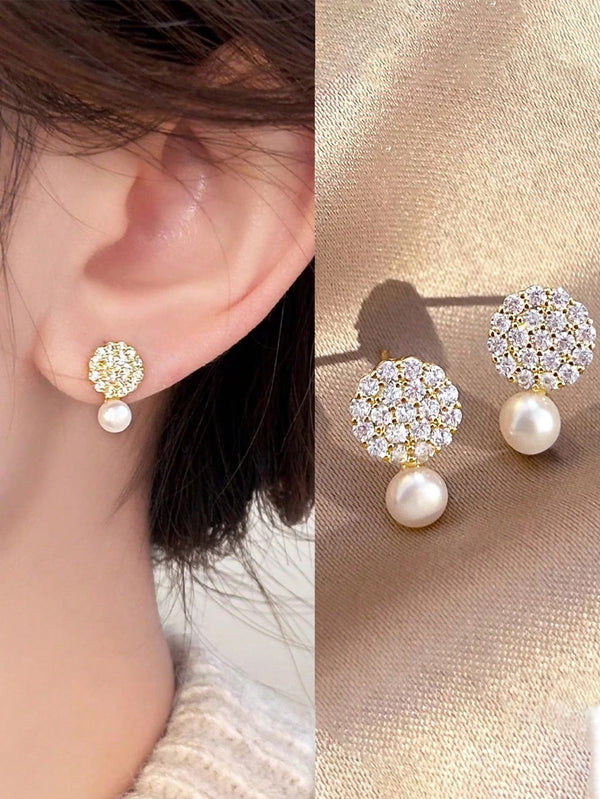 Shein Exclusive - A Pair Of  Fashion Exquisite S925 Sterling Silver Round Sparkling  Artificial Faux Pearl Earring Gold Color Earrings Gift For Women Girl Birthday Versatile For Daily Wear, Fine Jewelry