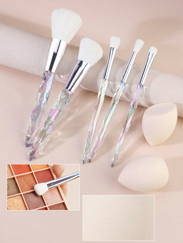 Shein - 5pcs Crystal Makeup Brush Set With Translucent Electroplated Rhinestone Handle   2pcs Skin-Colored Make-Up Sponge Beauty Blenders Can Be Used Wet Or Dry, Make-Up Tool