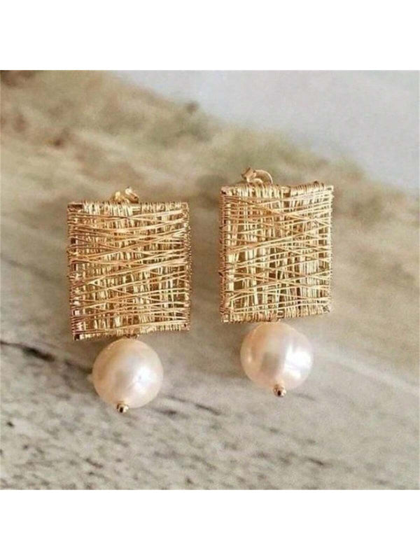 Shein - Fashionable Gold-Color Mesh Knot Stud Earrings With Faux Pearl  Dangle, Jewelry