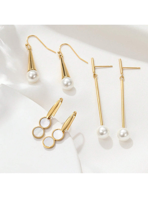 Shein - 1pair Fashionable Pearl Inlaid Titanium Steel Ear Studs Or Threader Earrings Suitable For Everyday Wear