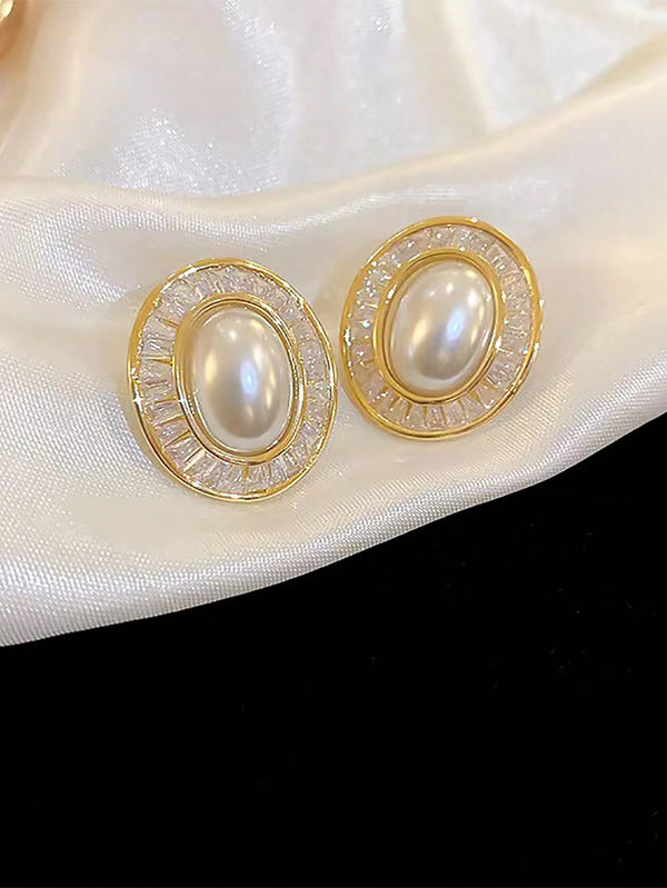 Shein - 1pair Fashionable French Style 3d Cubic Zirconia & Faux Pearl Elliptical Shape Elegant Earrings For Women To Wear In Shopping Or Date