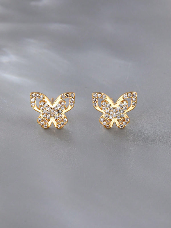 Shein - 1pair Fashionable Cubic Zirconia & Hollow Out Butterfly Decor Copper Stud Earrings Suitable For Women's Daily Wear