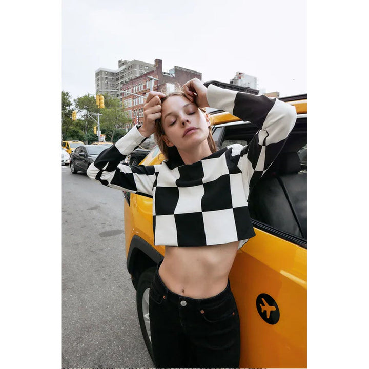 Zara- Check Print Top- Black/White