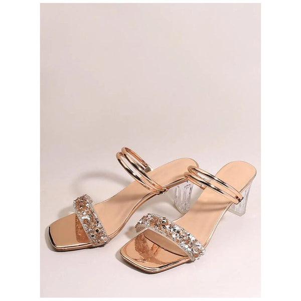 Shein- Rhinestone Decor Chunky Heeled Sandals Gold