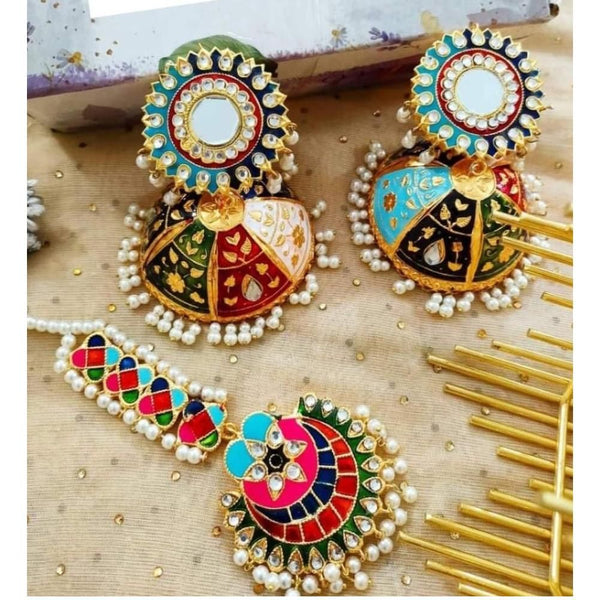 House Of Jewels- Multicolor  Meenakari  Set (Teeka and  Oversized  Jhumkas)