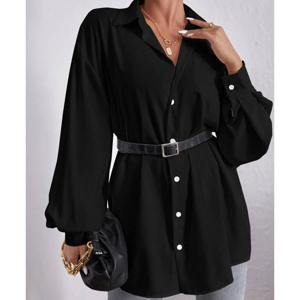 Shein- Patch Pocket Bishop Sleeve Drop Shoulder Blouse Without Belt- Black