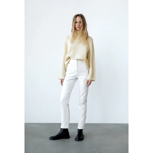 Zara- Straight Fit Trousers With Golden Buttons- White