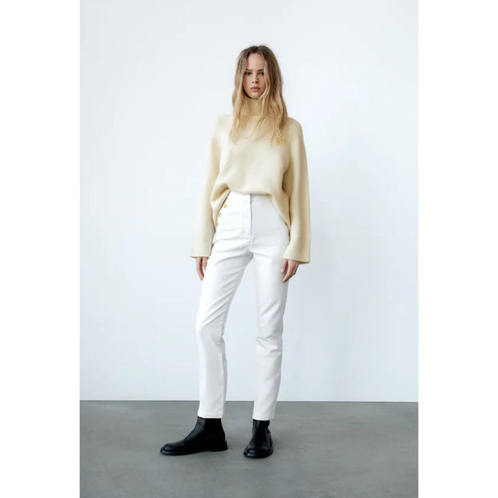 Zara- Straight Fit Trousers With Golden Buttons- White