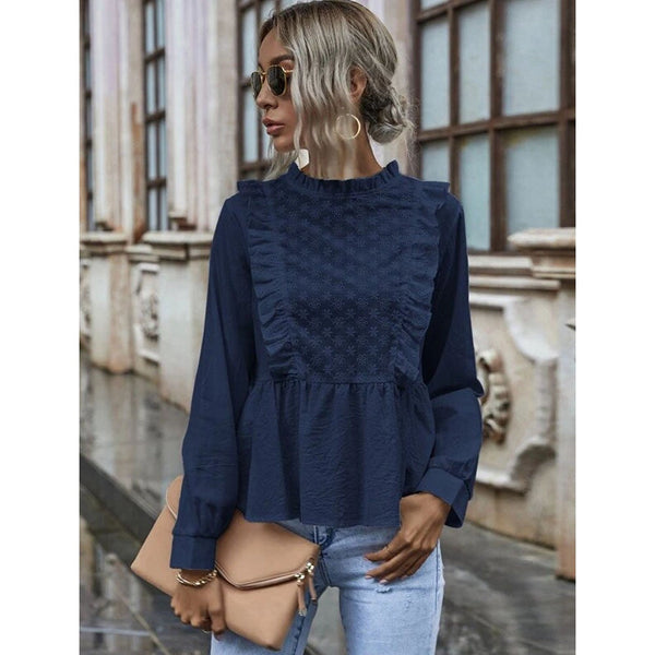 Shein- Eyelet Embroidery Ruffle Hem Babydoll Blouse-Navy Blue