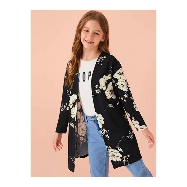 Shein- Girls Open Front Drop Shoulder Floral Print Coat