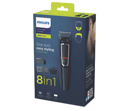 Philips 8 tools, (Face+Head), Rinseable attachments, 60 minute runtime, 3 year warranty, (trimmer, nose & ear trimmer, adjustable beard comb, 2 stubble combs, 3 hair combs, storage pouch)