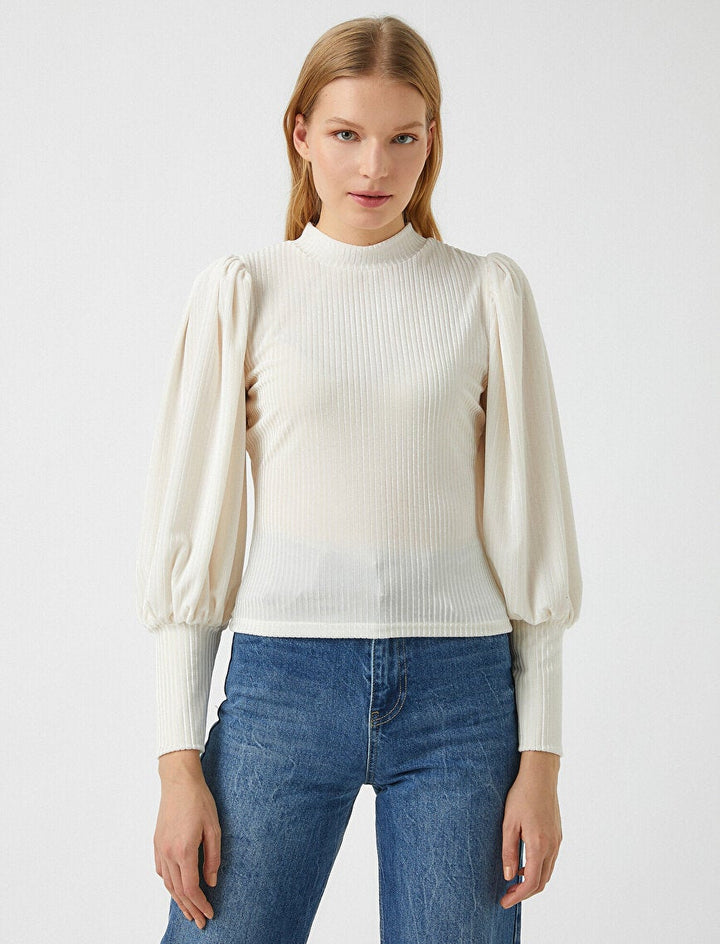 Koton- Balloon Sleeve Striped T-Shirt - Ecru