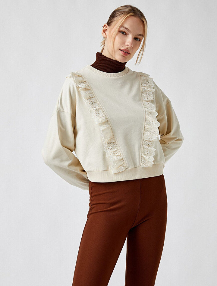Koton- Front Frilly Embroidered Crew Neck Sweatshirt - Ecru