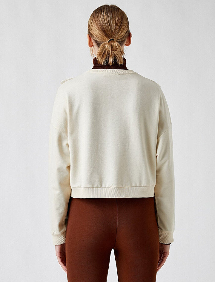 Koton- Front Frilly Embroidered Crew Neck Sweatshirt - Ecru