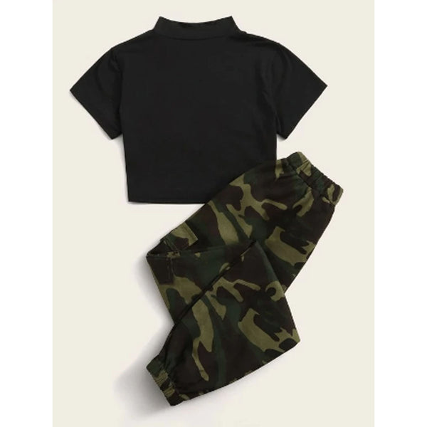 Shein- Mock Neck Cropped Tee & Camo Print Joggers Set