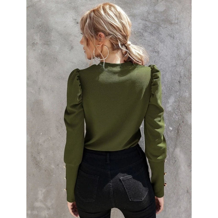 Shein- Gigot Sleeve Button Detail Top- Army Green