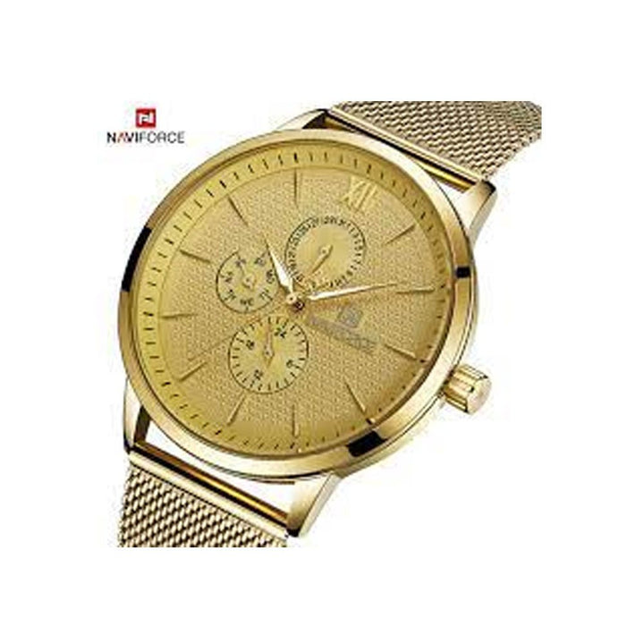 Naviforce- Nf3003 Luxury Stainless Steel Mesh Band Chronograph Watch Golden