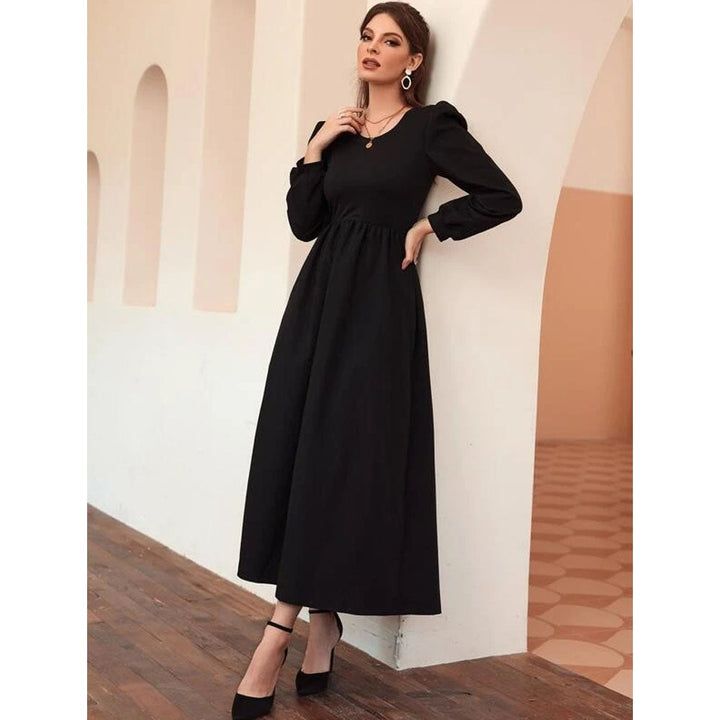 Shein- Solid Puff Sleeve Dress Without Belt