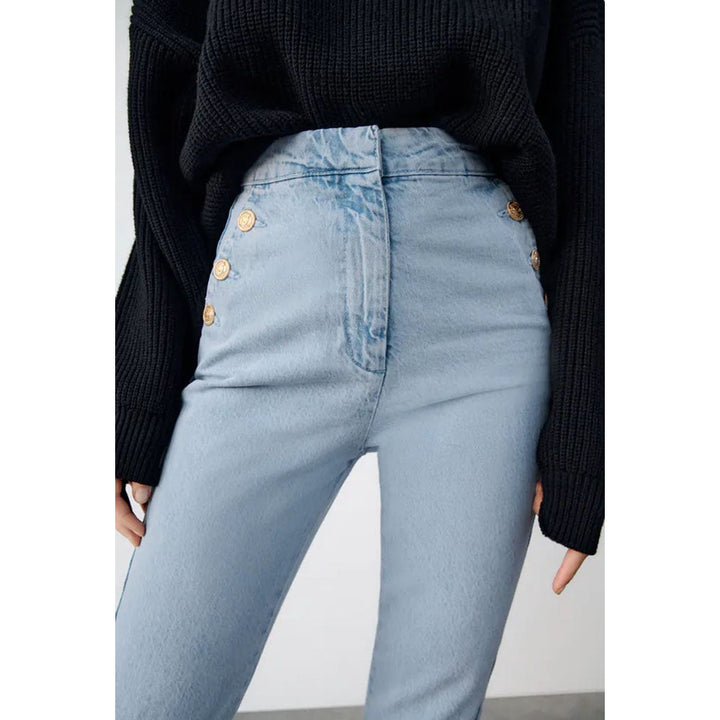 Zara- Straight Fit Trousers With Golden Buttons- Light blue