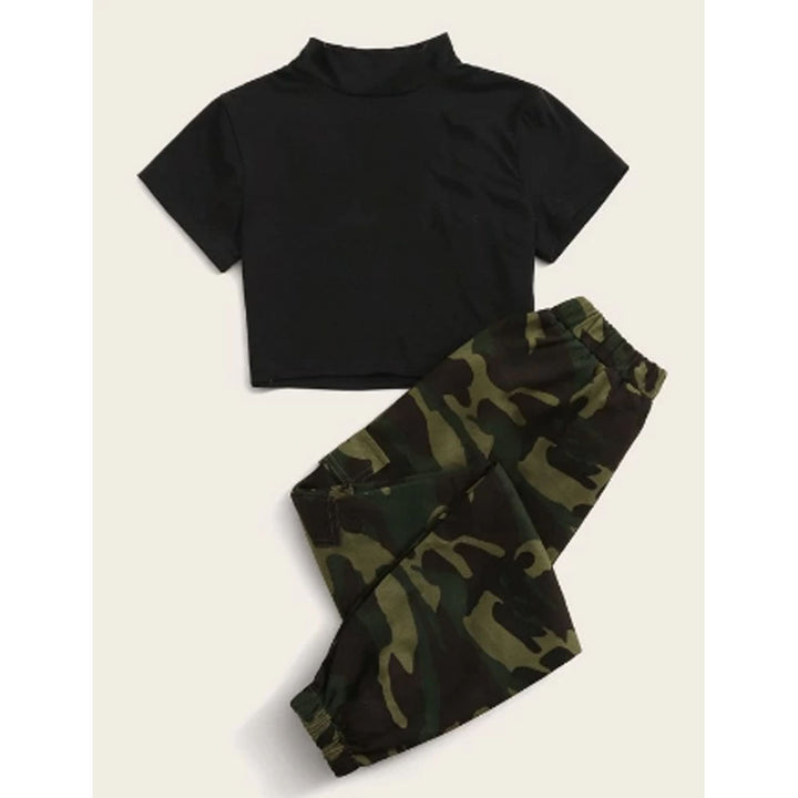 Shein- Mock Neck Cropped Tee & Camo Print Joggers Set