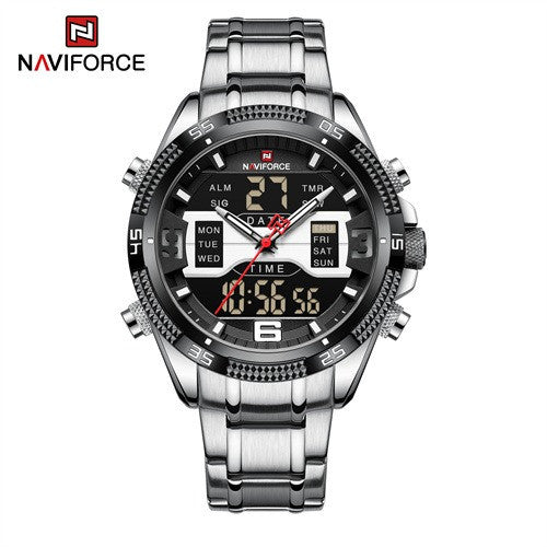 NAVIFORCE- NF9201 Silver Stainless Steel Dual Time Watch for Men - Black and Silver