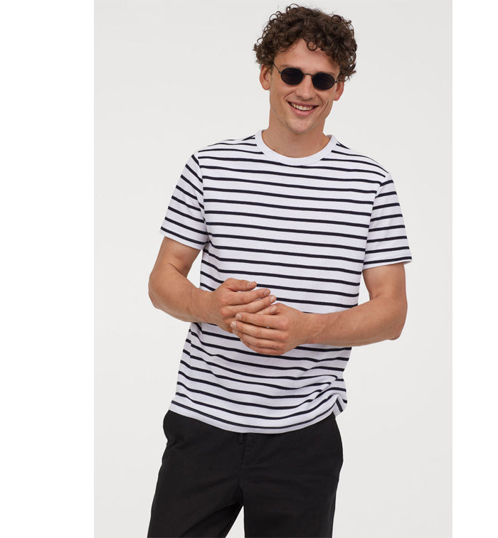 H&M- White/Black Striped Cotton Piqué T-shirt by Bagallery Deals priced at #price# | Bagallery Deals