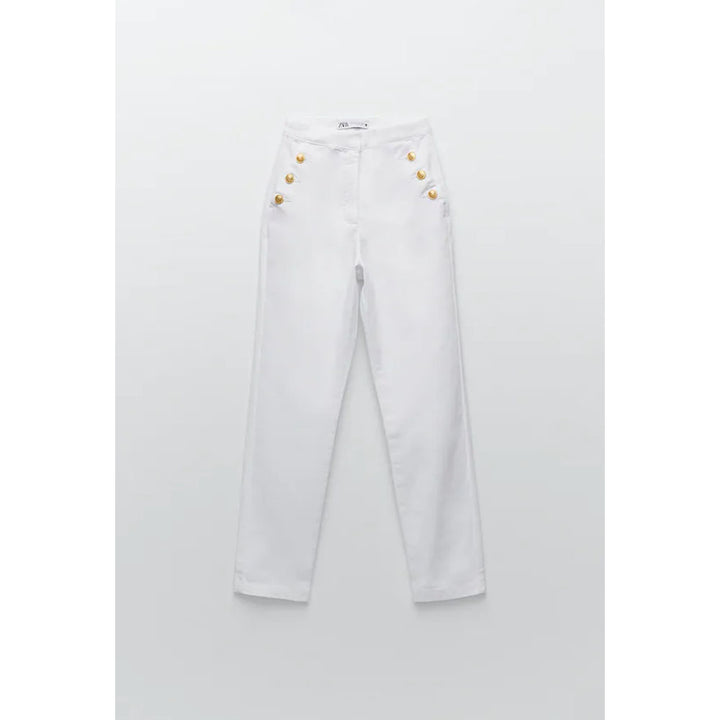 Zara- Straight Fit Trousers With Golden Buttons- White