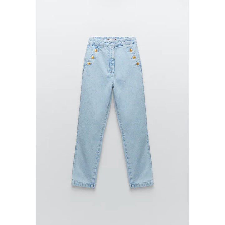 Zara- Straight Fit Trousers With Golden Buttons- Light blue
