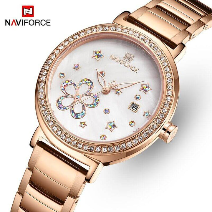 Naviforce- Diamond Lady Stainless Steel Quartz Watch With Brand Box - NF5016 Rose Gold