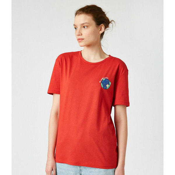Koton- 100% Cotton Crew Neck Printed T-Shirt - Red