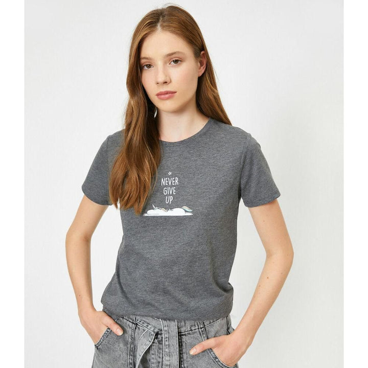 Koton-Short Sleeve Crew Neck Letter Printed T-Shirt - Anthracite