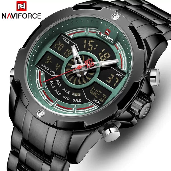 Naviforce- Nf9170 Led Display Metal Case Dual Display Watch Business Style Men Digital Watch Black Green