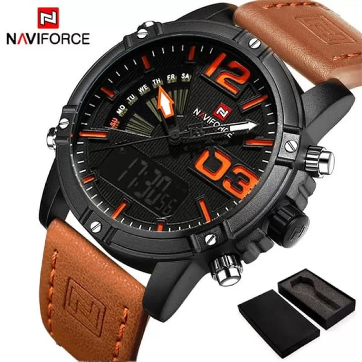 Naviforce- NF9095 Men's Waterproof Leather Strap Watch With Branded Naviforce Box Orange Black