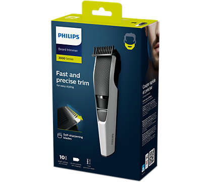 Philips Beard Trimmer with Hair Lift & Trim Comb, SS Blades, Zoom wheel 1 mm, 10 settings 0.5 mm-10 mm, 10hr charging / 45min use, Washable blades, White