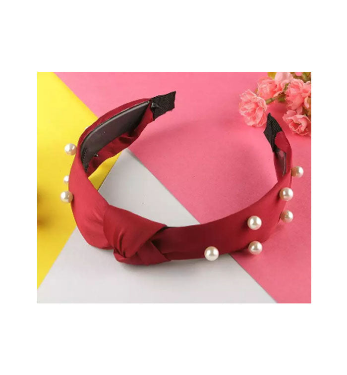 Beauty Tools- Trendy Pearl Headband Plain Silk Colors Cloth Hair Band Bezel For Women- Red