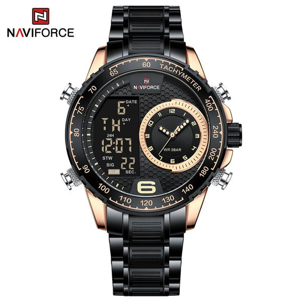 Naviforce- NF9199 Double Display Men's Watches Sports Waterproof Quartz Wristwatch Rose Gold Black